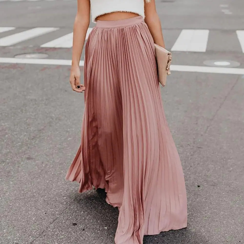Ebossy Women's High Waist Flowy Pleated Chiffon Maxi Skirt - Casual Loose Fitted, Elastic Waist, Summer Fall Winter Wear, Basic Minimalist Design Womenswear,back to school shopping