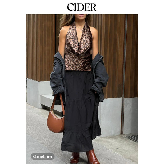 Cider Solid Elastic Waist Ruffle Hem Tiered Maxi Skirt,clothes for back to school,first day of school outfits