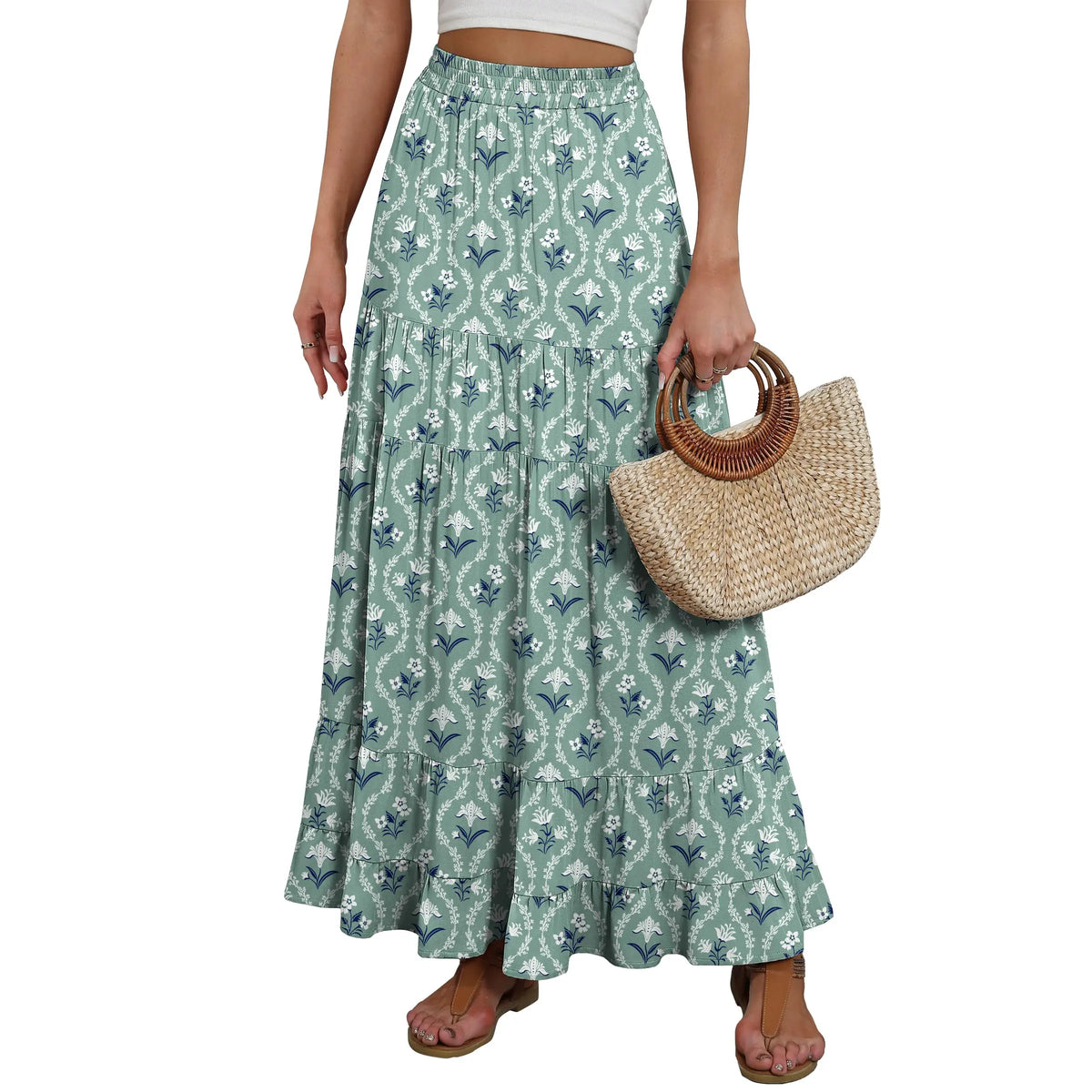 ANRABESS Womens Maxi Skirt Elastic High Waist Swing Tiered A-line Flowy Pleated Boho Beach Vacation Long Skirts Summer Fit