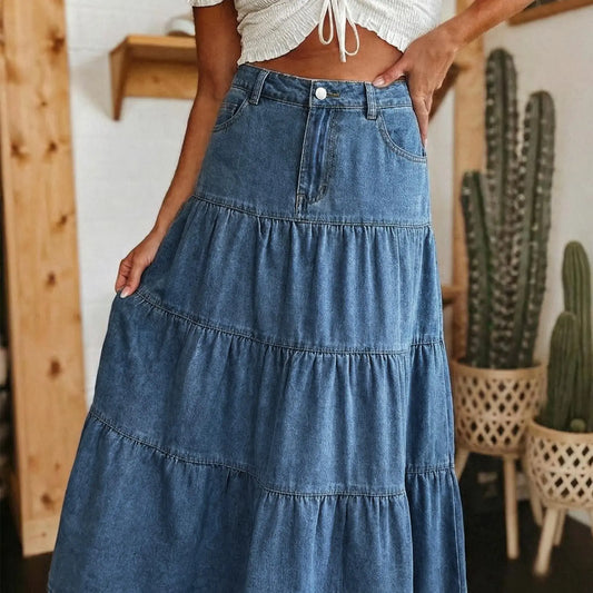 EMMIOL Long Denim Skirt for Women - High Waisted A-Line Jean Maxi Skirts Dark Wash Tiered Swing Jean Skirt with Pockets