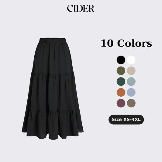Cider Solid Elastic Waist Ruffle Hem Tiered Maxi Skirt,clothes for back to school,first day of school outfits