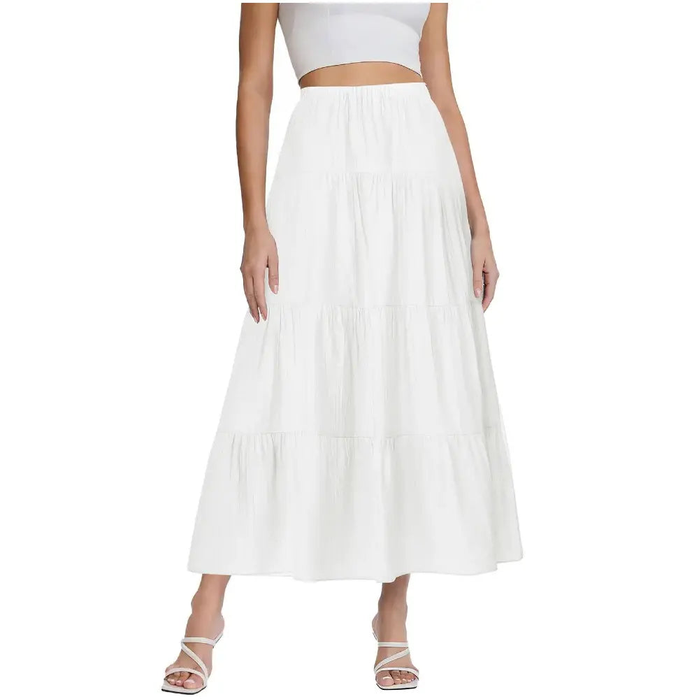 Women's Boho Comfy Solid Maxi Skirt - Elastic High Waist, Flowy Tiered A-Line, Ruffle Pleated Bottoms - Summer Beach Skirts for Women, Spring Soft Style,sohochic
