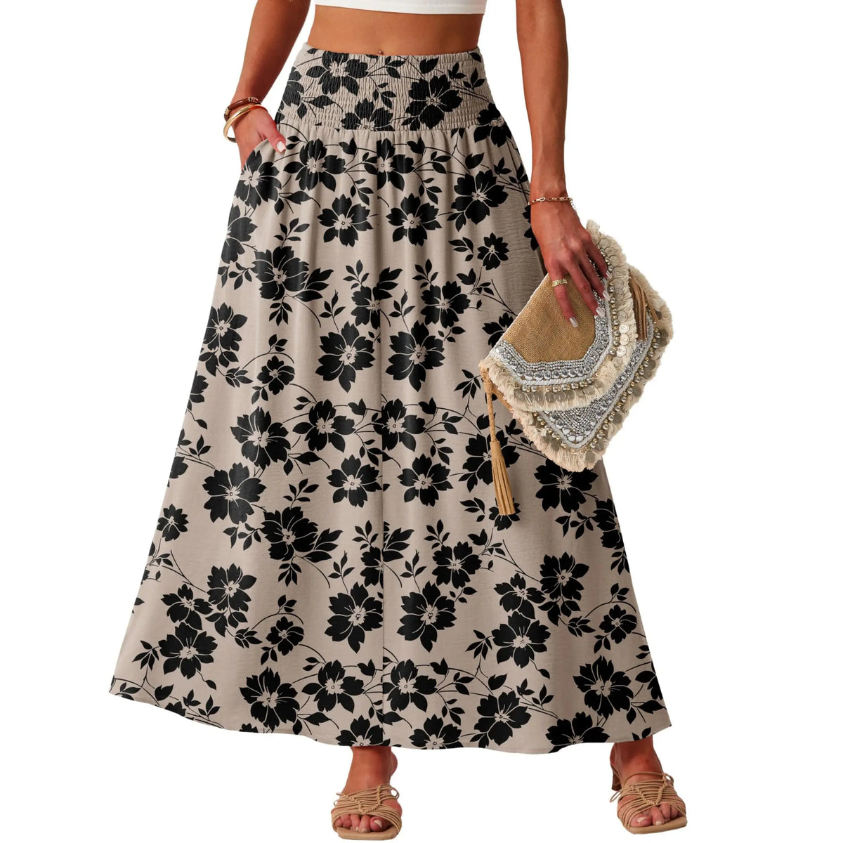 Lepunuo Maxi Skirts for Women Smocked Elastic High Waisted Casual Boho Swing Pleated Beach Long Skirts with Pockets