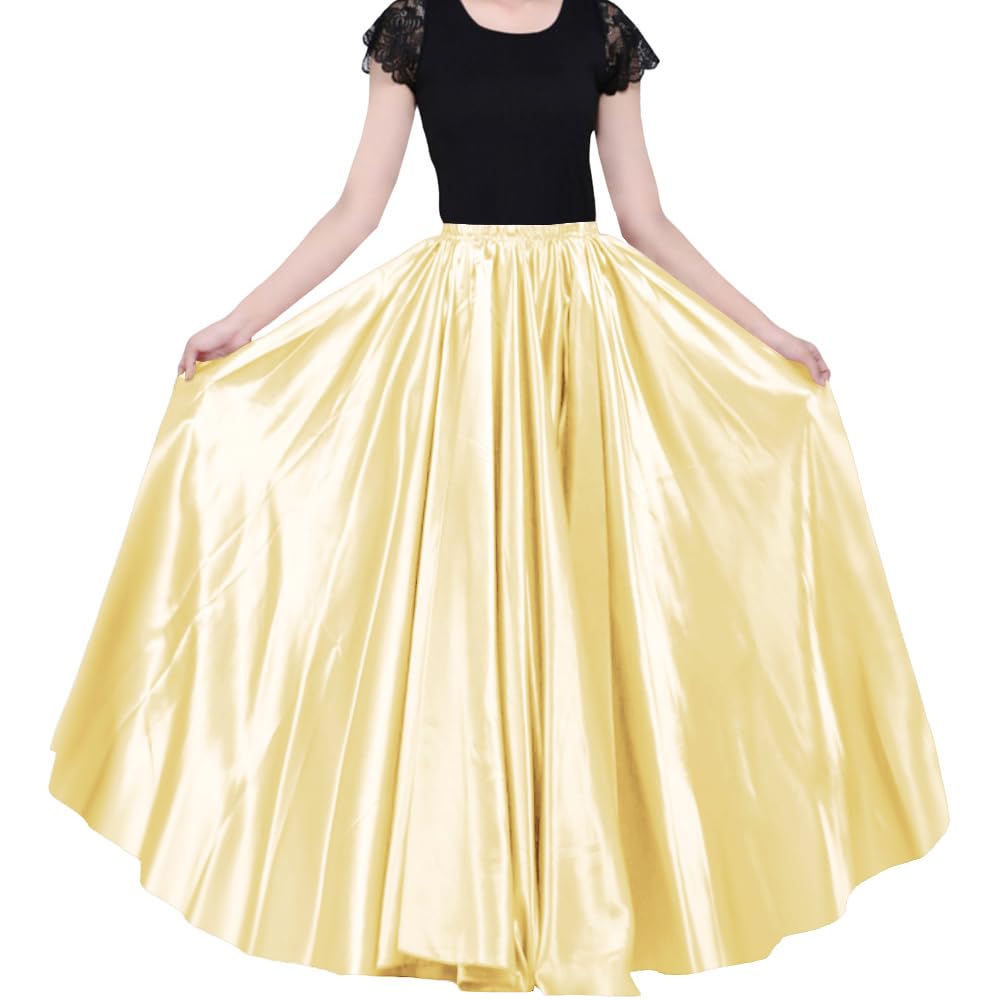 Ladies 90cm Satin Maxi Midi Skirt Long Dress Elastic Waist for Belly Dance Princess Party Cosplay Costume