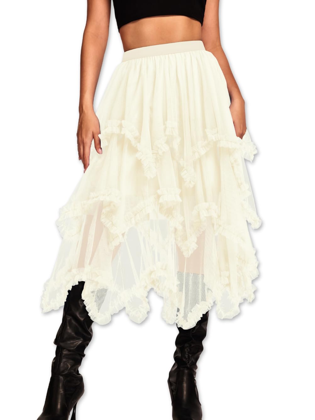 Kaei&Shi Long Tulle Skirt,Asymmetrical Ruffle Hem,Renaissance Fairy Costume