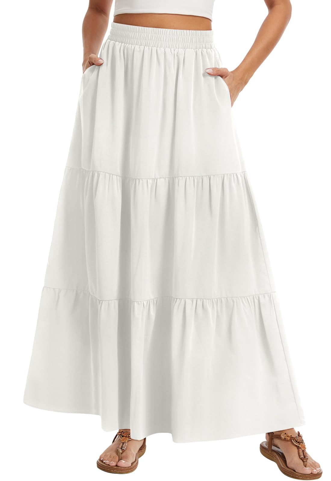 Women's Summer Boho Maxi Skirt Long Flowy Tiered A-Line High Waist Pleated Skirts with Pockets for Beach Vacation