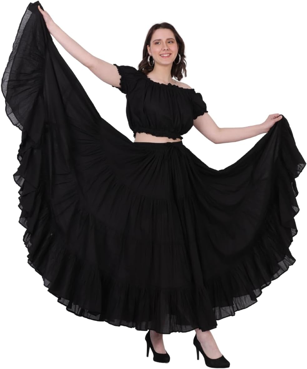 Wevez Women’s 40 Inch Cotton Full Circle Elastic Waist Tribal Fusion Belly Dance A Line Plus Size Maxi Skirt