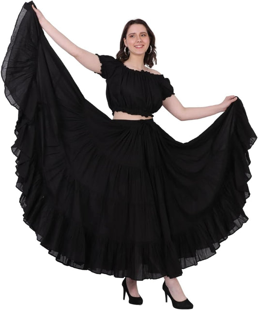 Wevez Women’s 40 Inch Cotton Full Circle Elastic Waist Tribal Fusion Belly Dance A Line Plus Size Maxi Skirt