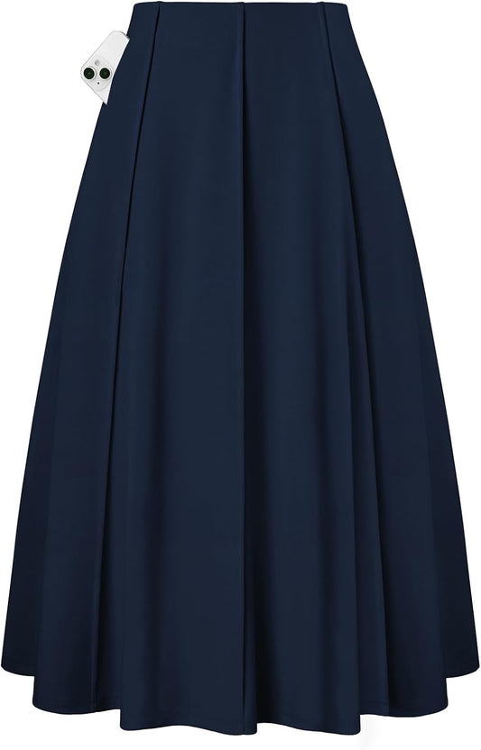 Kate Kasin Women's Midi A Line High Waisted Flowy Skirts with Pockets