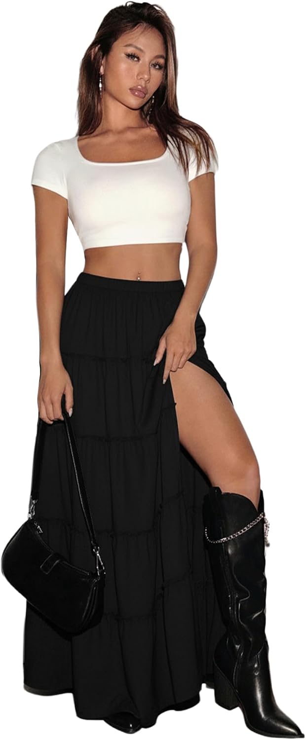 SHENHE Women's Plaid Maxi Skirt High Slit A‑Line Tiered Y2k Skirt