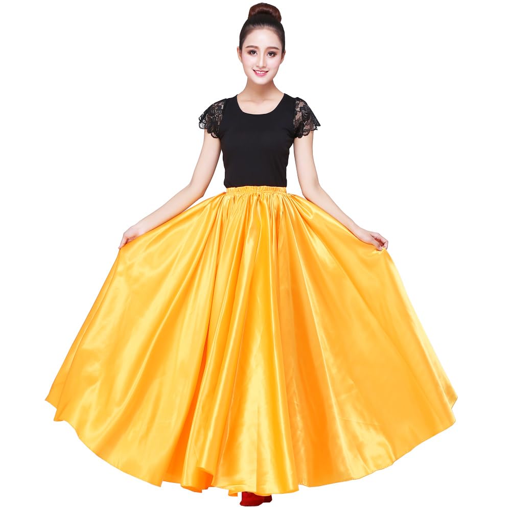 Women 38" Long Satin Full Shiny Maxi Skirt - Perfect for Latin, Belly Dance Performance Cosplay Show Party & Travel