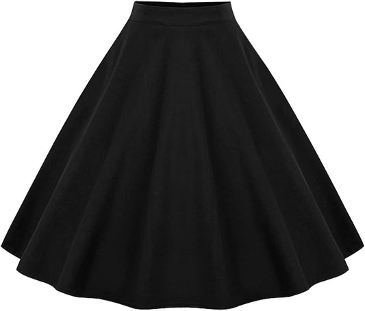 KILLREAL Women's Vintage Cotton High Waisted A-Line Midi Skirt with Zipper
