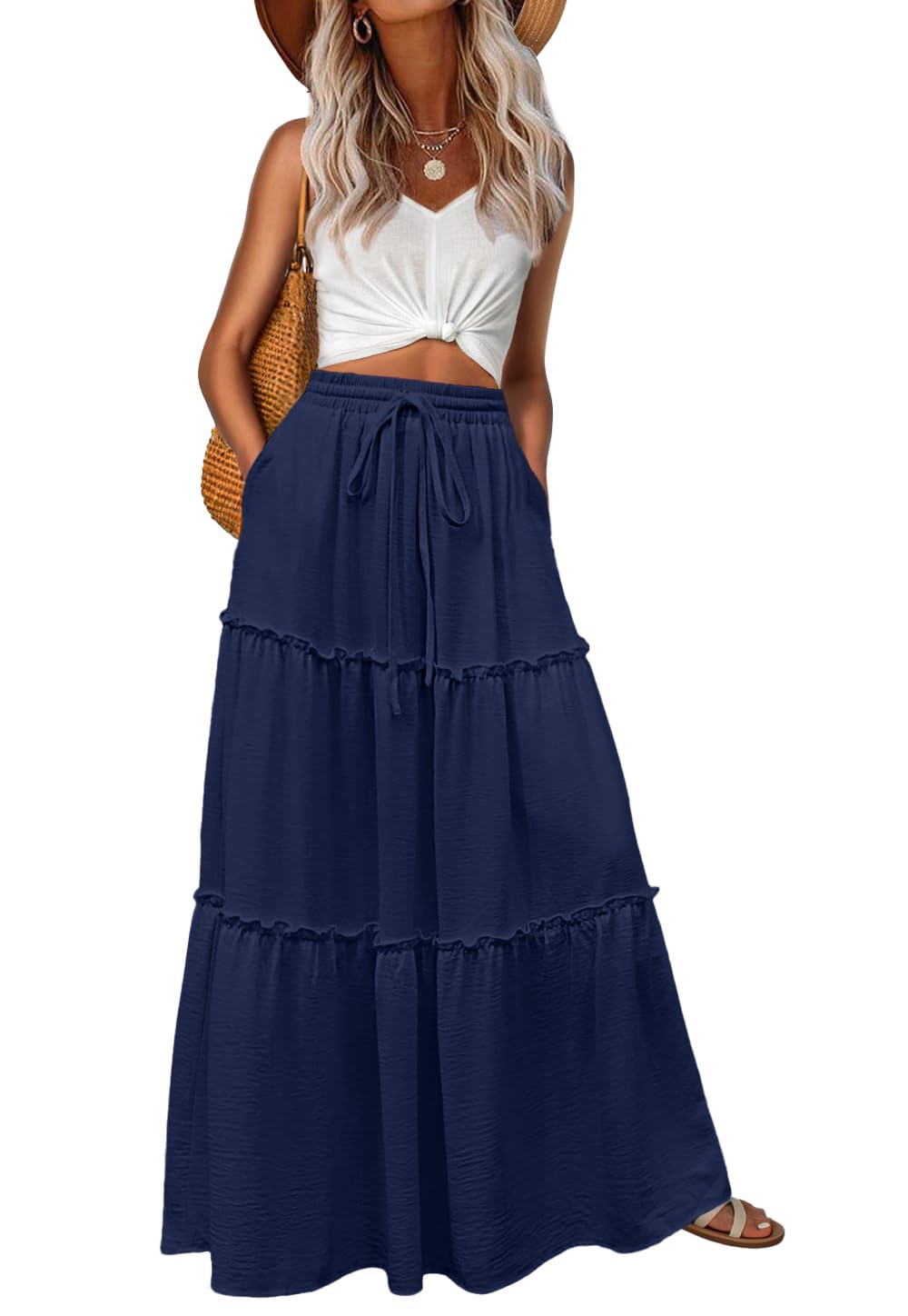 Lepunuo Womens Casual Boho High Waisted Flowy Maxi Skirts Tiered Floral Long Skirts with Pockets for Summer Beach Vacation