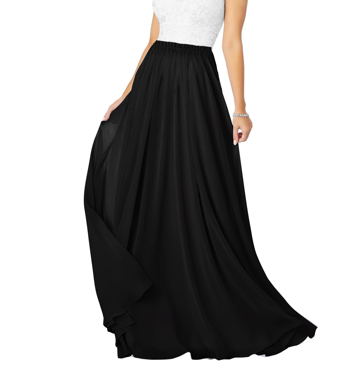 v28 Women Full/Ankle Length Elastic Pleated Retro Maxi Chiffon Long Skirt