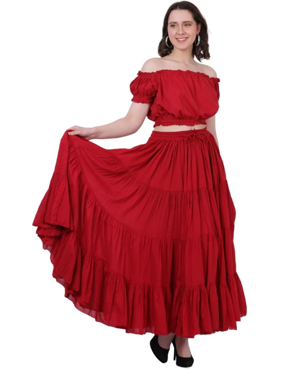 Wevez® Women's Plus Size Maxi Skirt Gypsy 25 Yard Long Flowy Solid Color Cotton Renaissance Skirt