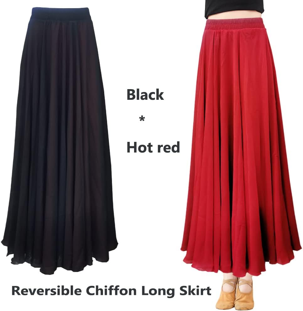 Women Black Red Two Layered Reversible Chiffon Long Maxi Skirt for Belly Spain Gypsy Dance Performance Photography