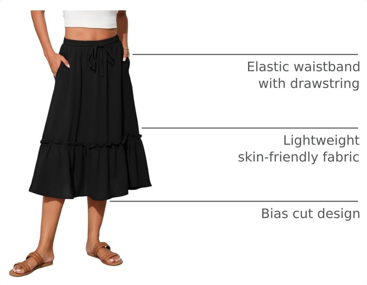 Witsmile Womens High Waist Tiered Midi Skirt Flowy Long Length with Pockets