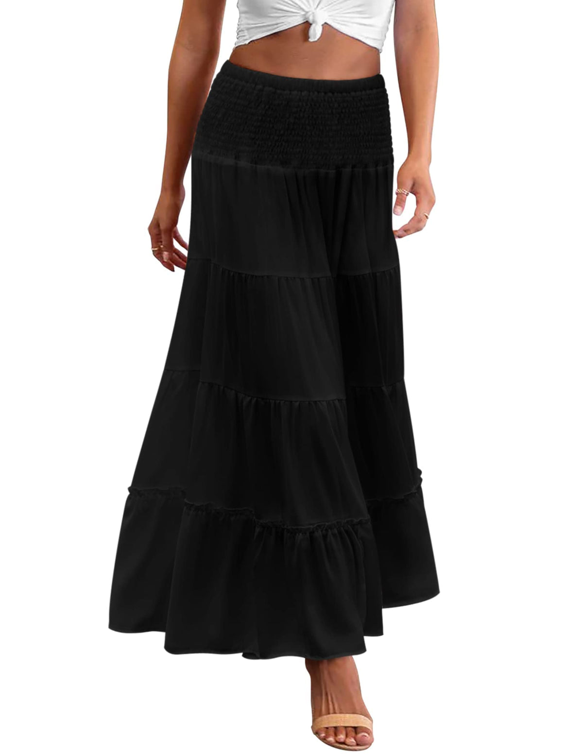 Zeagoo Women's Long Maxi Skirts Tiered Elastic High Waist Boho Double Layered Print A-Line Casual Midi Dress