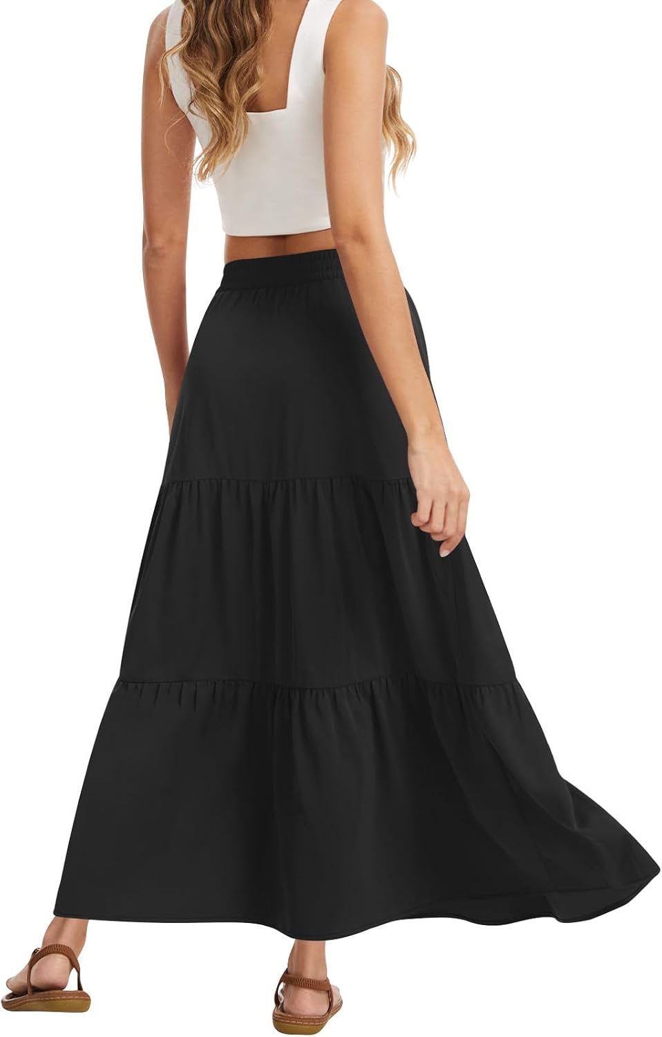 Women's Summer Boho Maxi Skirt Long Flowy Tiered A-Line High Waist Pleated Skirts with Pockets for Beach Vacation