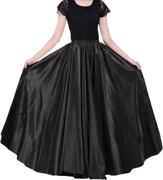 Ladies 90cm Satin Maxi Midi Skirt Long Dress Elastic Waist for Belly Dance Princess Party Cosplay Costume