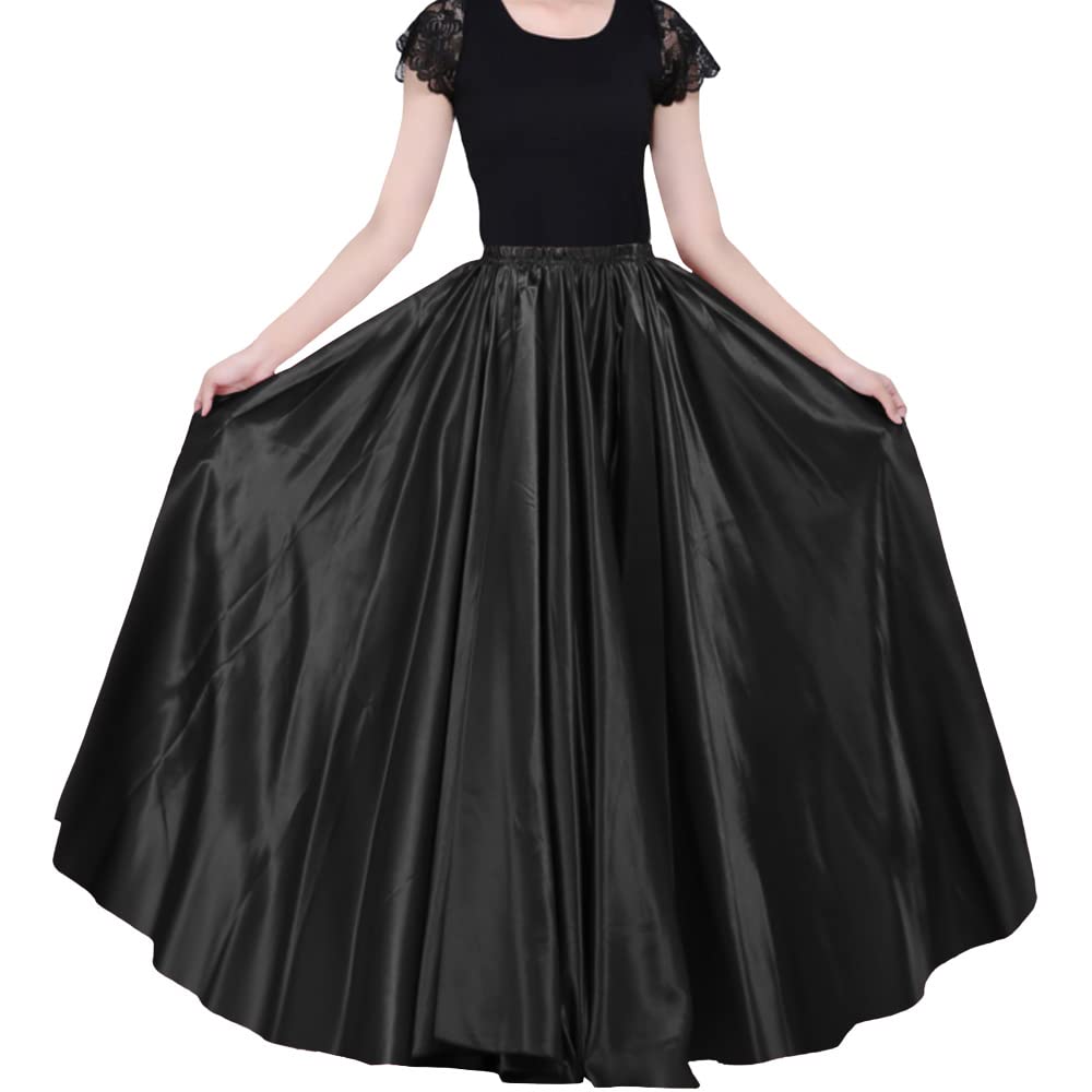 Ladies 90cm Satin Maxi Midi Skirt Long Dress Elastic Waist for Belly Dance Princess Party Cosplay Costume