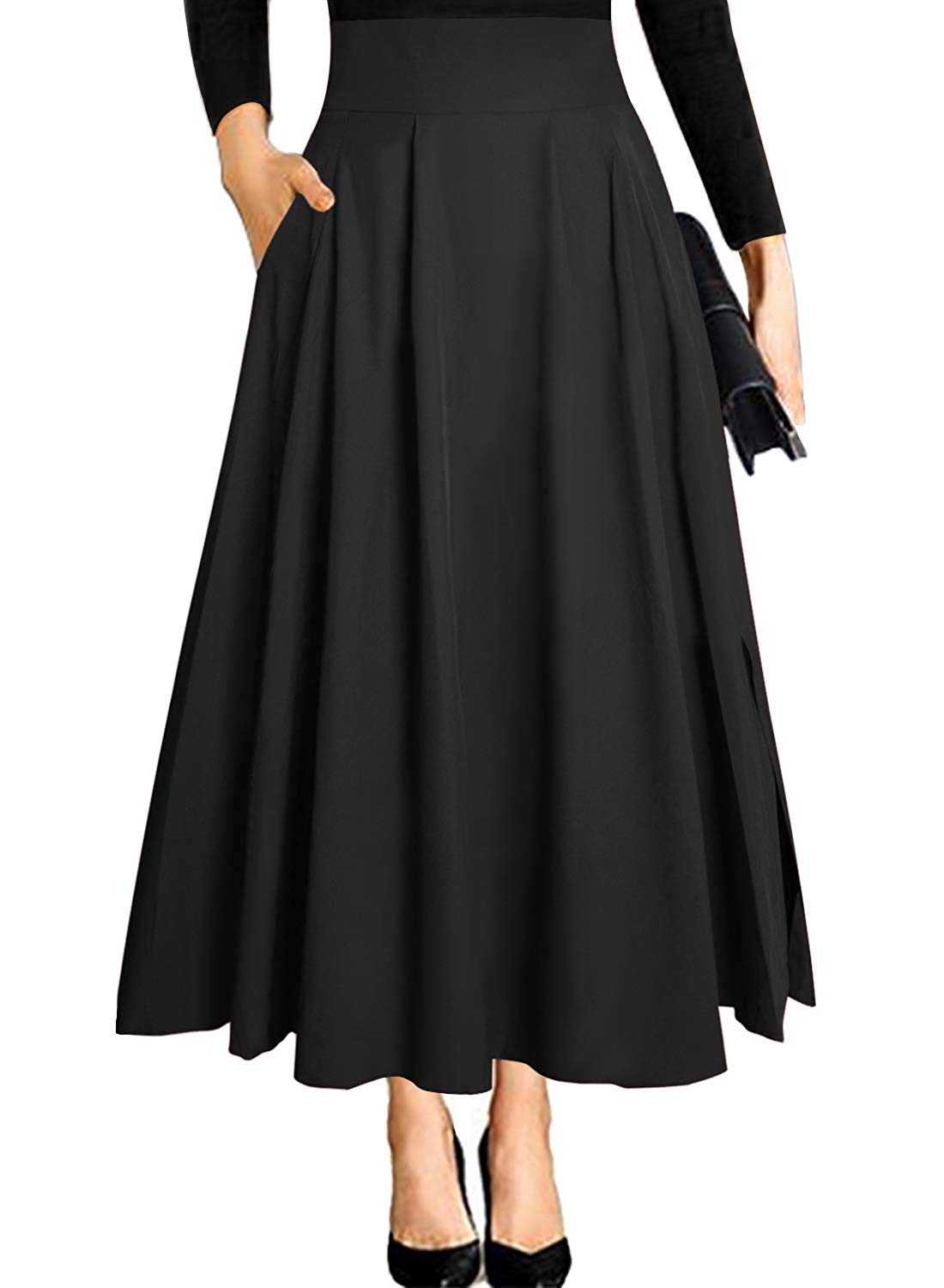RANPHEE Women's Ankle Length High Waist A-line Flowy Long Maxi Skirt with Pockets