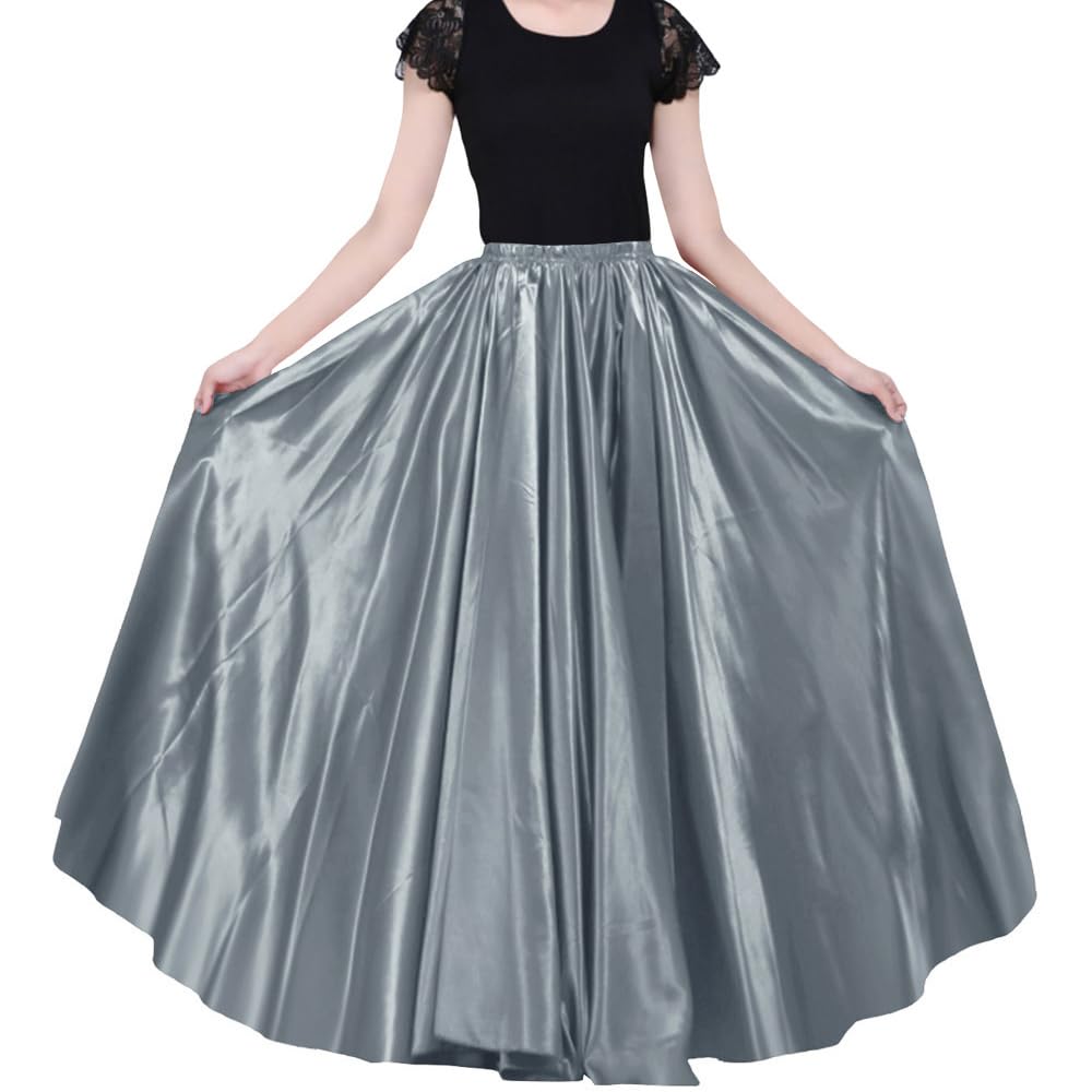 Ladies 90cm Satin Maxi Midi Skirt Long Dress Elastic Waist for Belly Dance Princess Party Cosplay Costume