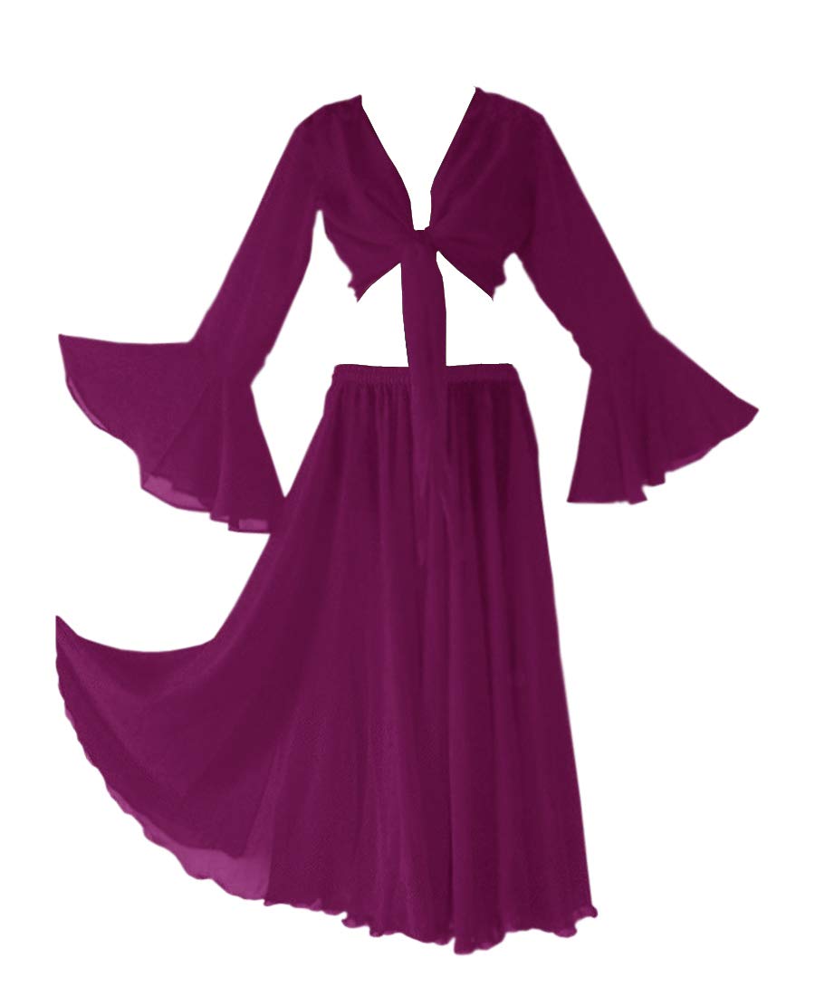 Indian Trendy Womens Chiffon Belly Dance Full Circle Skirt Ruffle Top Set Costume Dress