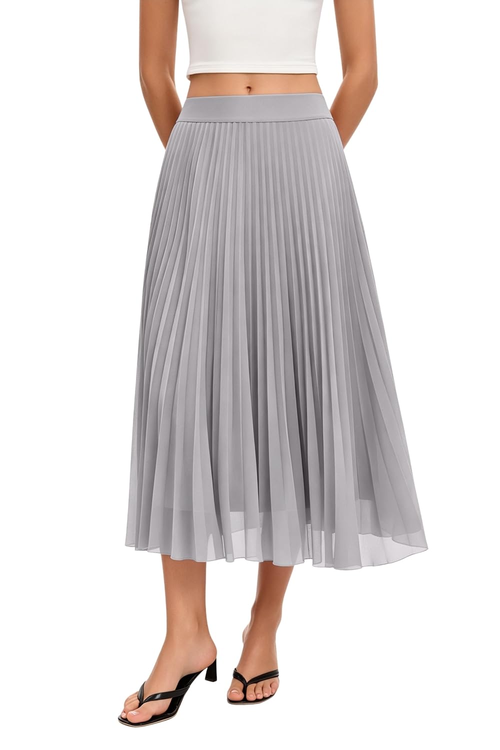 QINSEN Women's Elegant Flowy Pleated Chiffon Skirts Summer A-line Swing Midi Skirts Casual Elastic Waist Soft Lining
