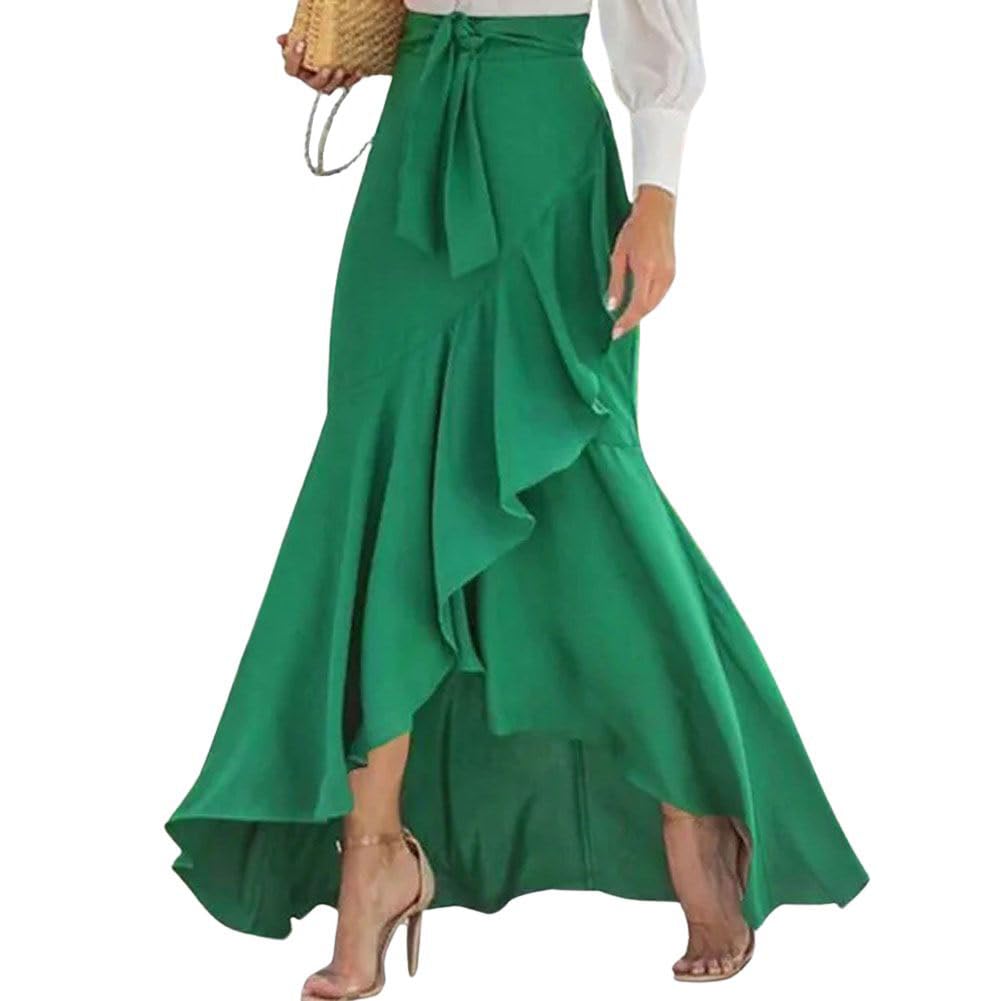 chouyatou Women's Casual Plaid Mermaid Maxi Skirt A Line Irregular Ruffle Hem Fishtail Long Skirt