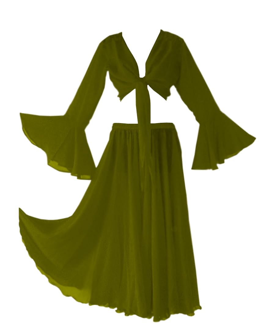 Indian Trendy Womens Chiffon Belly Dance Full Circle Skirt Ruffle Top Set Costume Dress