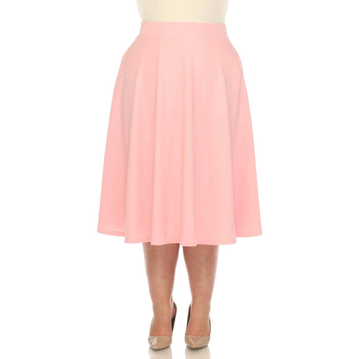 White Women's Plus Size Flared Midi Skirt with Pockets