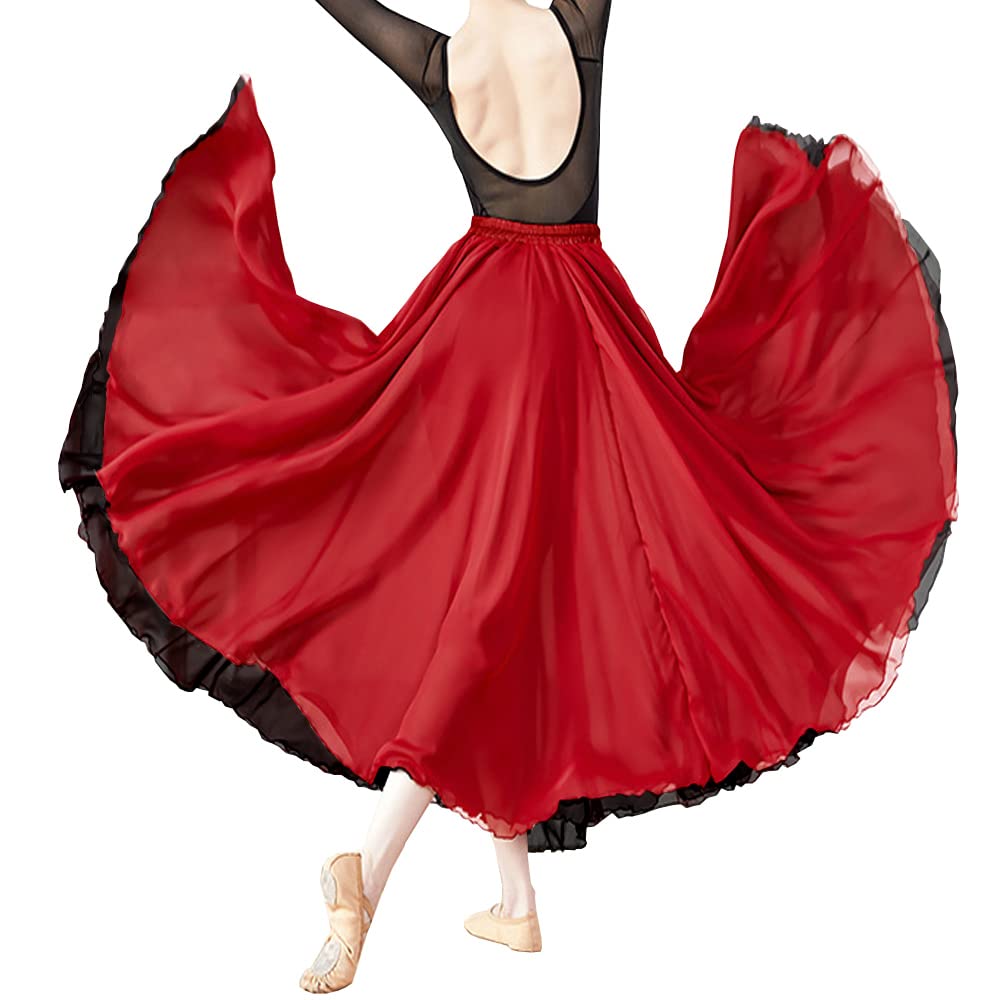 Women Black Red Two Layered Reversible Chiffon Long Maxi Skirt for Belly Spain Gypsy Dance Performance Photography