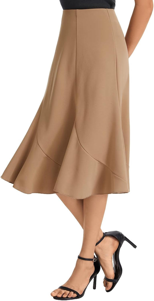 Women's High Waist Midi Skirt A-Line Flared Curved Paneled Flounce Hem Chiffon Mermaid Skirt