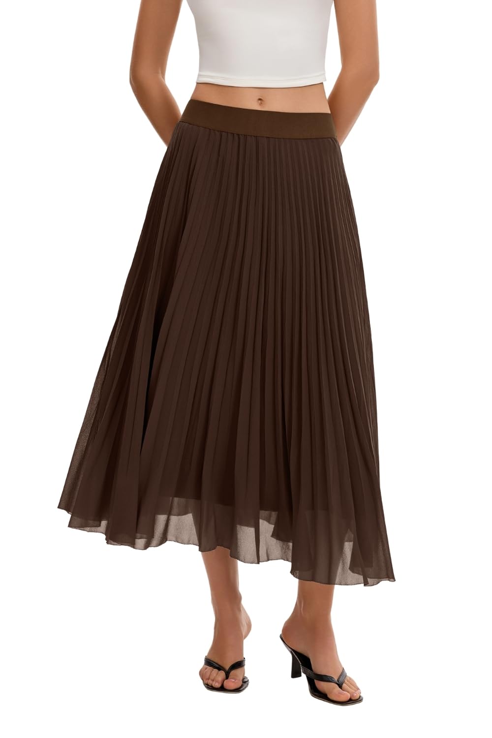 QINSEN Women's Elegant Flowy Pleated Chiffon Skirts Summer A-line Swing Midi Skirts Casual Elastic Waist Soft Lining