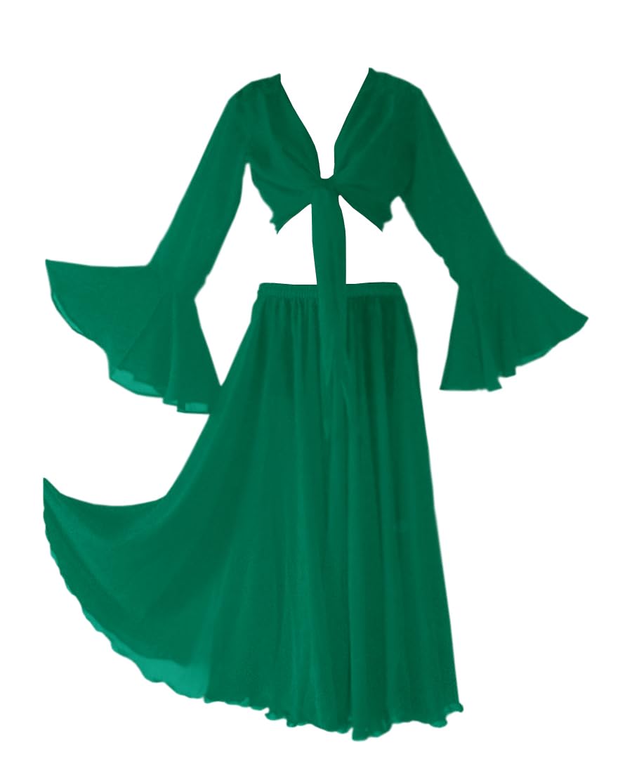 Indian Trendy Womens Chiffon Belly Dance Full Circle Skirt Ruffle Top Set Costume Dress
