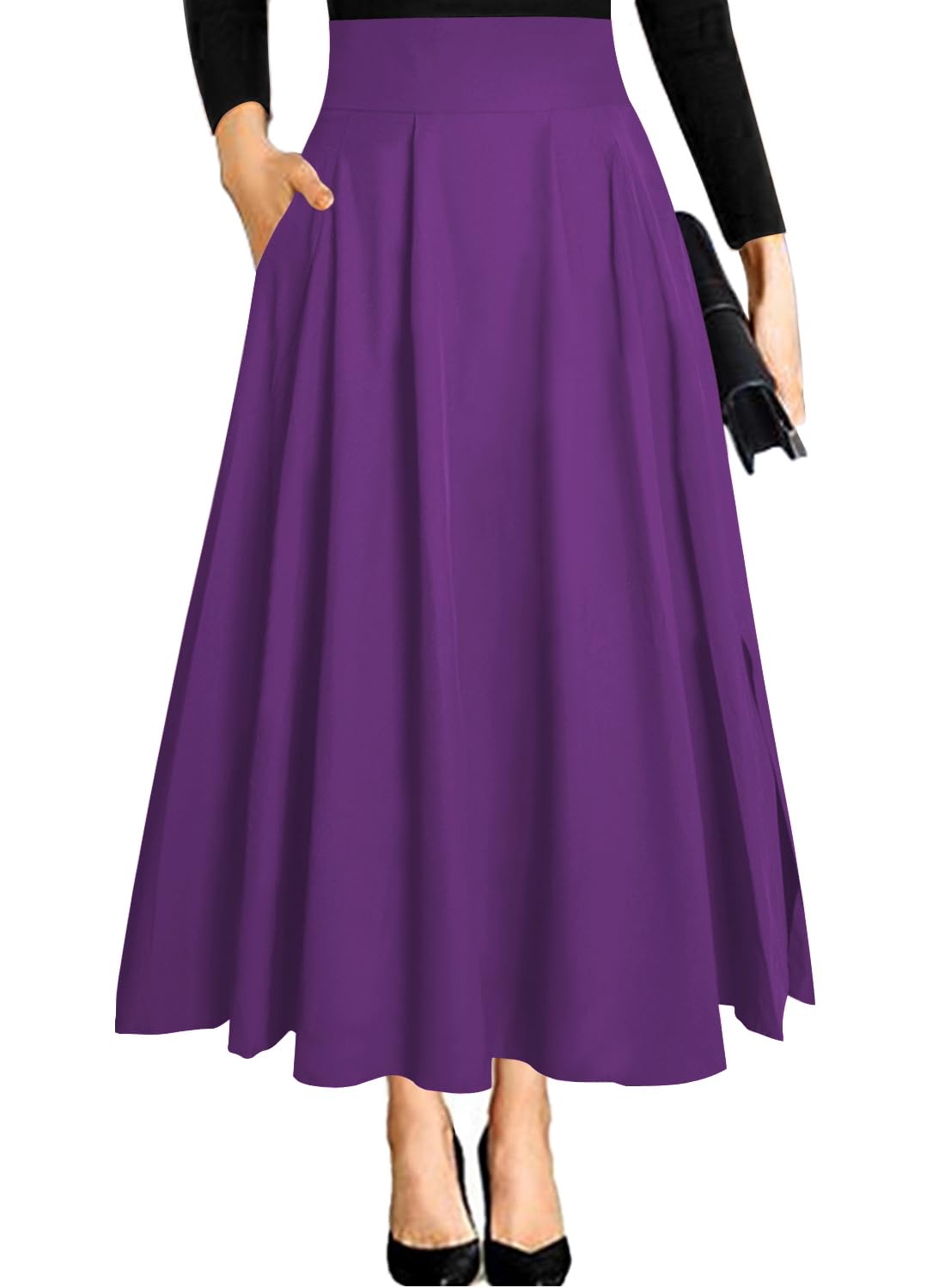RANPHEE Women's Ankle Length High Waist A-line Flowy Long Maxi Skirt with Pockets