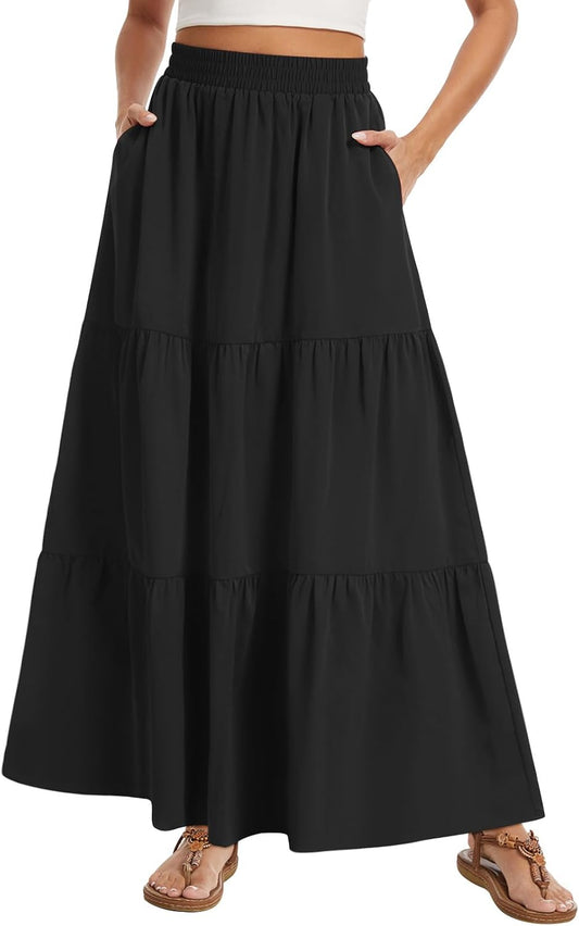 Women's Summer Boho Maxi Skirt Long Flowy Tiered A-Line High Waist Pleated Skirts with Pockets for Beach Vacation