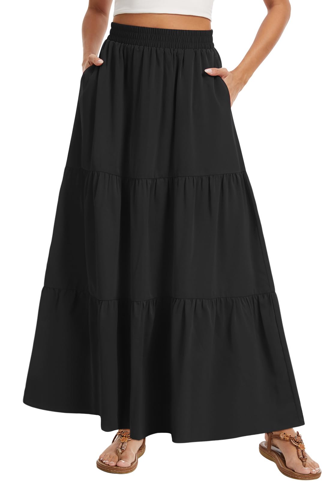 Women's Summer Boho Maxi Skirt Long Flowy Tiered A-Line High Waist Pleated Skirts with Pockets for Beach Vacation