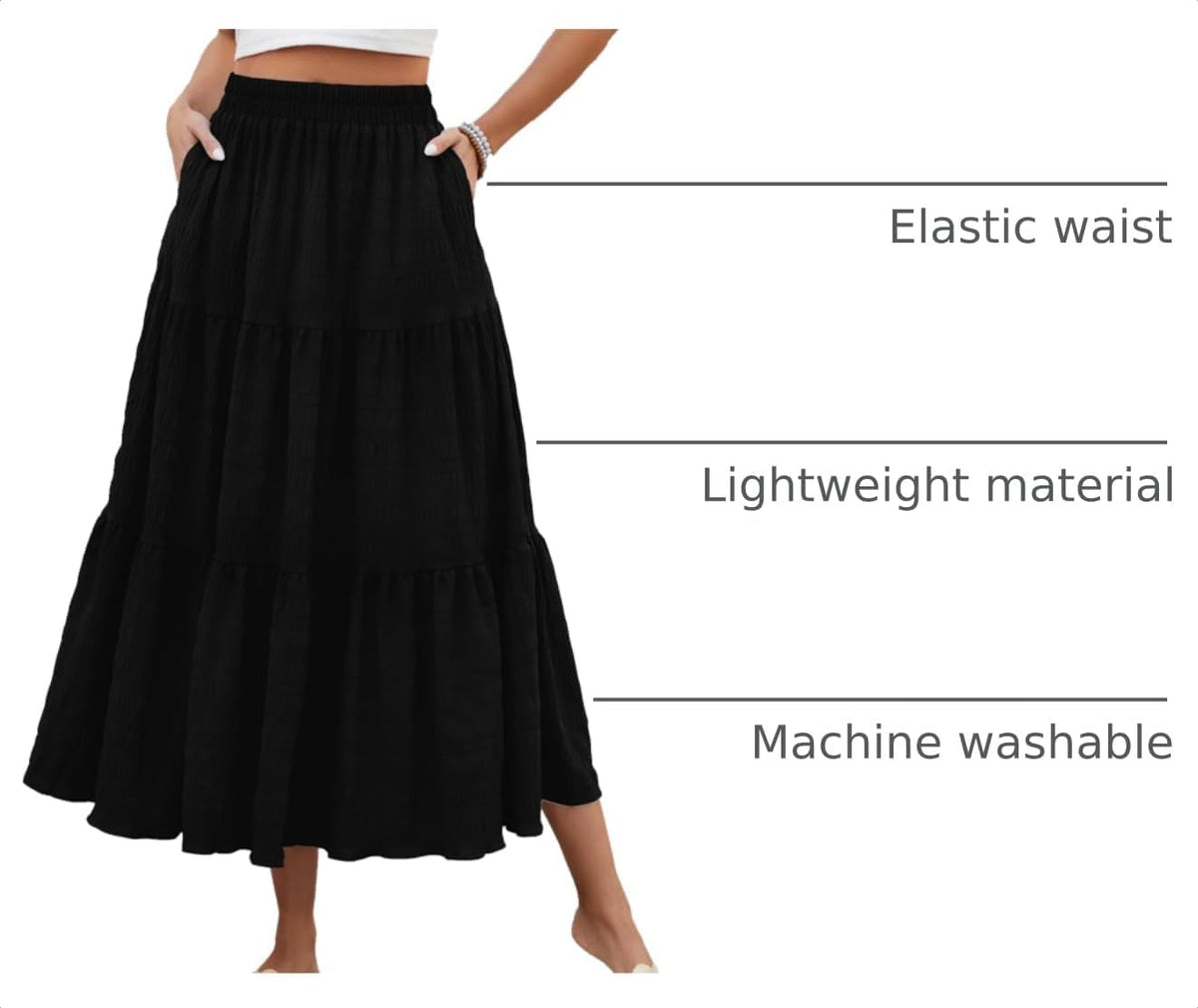 HUSKARY Women's Summer Casual Elegant Smock Layered Tiered Maxi Skirt High Waisted A Line Flowy Long Skirts with Pockets