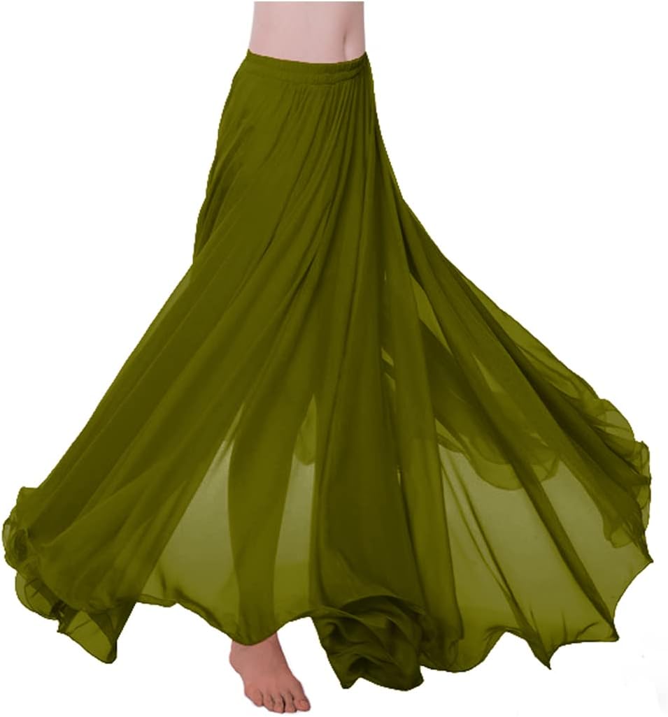 themilestocks Women Chiffon Maxi Skirt 9 Yard Hem Long Summer Mopping Dress Ankle-Length Elastic Pleated Retro Beach