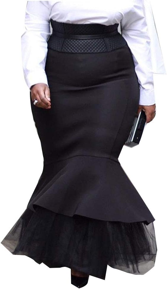 VERWIN Plus Size Mermaid Floor-Length Falbala Plain High Waist Women's Skirt