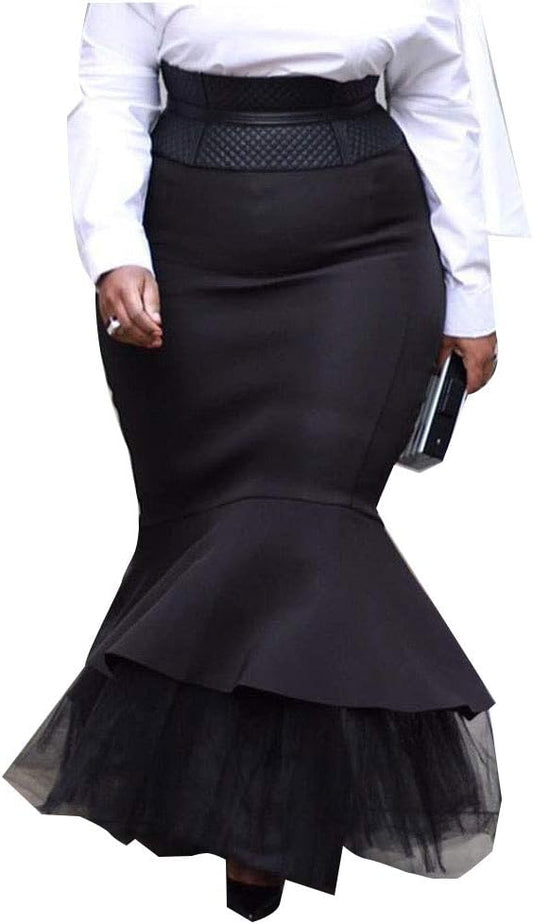 VERWIN Plus Size Mermaid Floor-Length Falbala Plain High Waist Women's Skirt