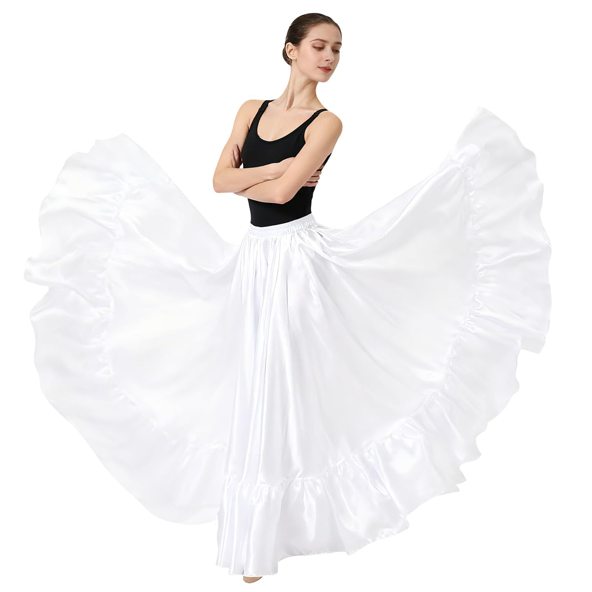 Satin Belly Dance Skirt for Women Maxi Midi Dress Circle Skirt Elastic Waist Stage Performance Holiday Party Dance Skirts