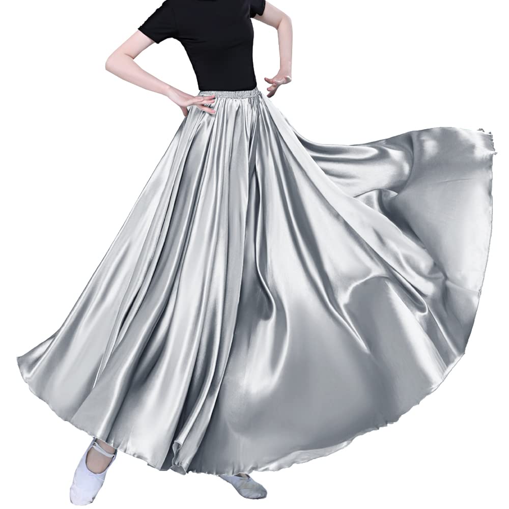 Women Long Tulle Shiny Satin Maxi Flowy Dance Skirt