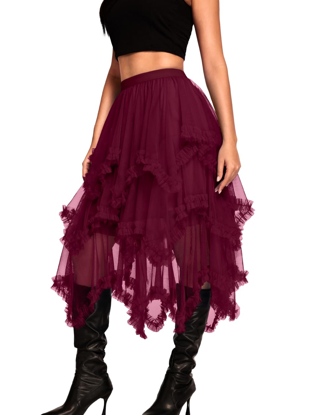 Kaei&Shi Long Tulle Skirt,Asymmetrical Ruffle Hem,Renaissance Fairy Costume