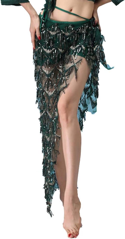 MUNAFIE Hip Scarf for Belly Dance Folk Dance Halloween Costume Tribal Dance Skirt with Sequin Tassel