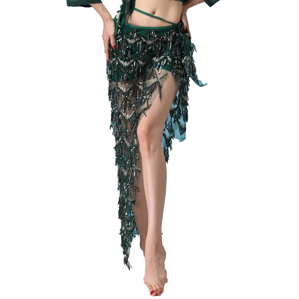 MUNAFIE Hip Scarf for Belly Dance Folk Dance Halloween Costume Tribal Dance Skirt with Sequin Tassel