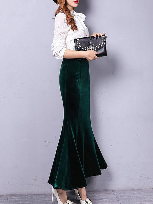 ebossy Women's High Waist Bodycon Velvet Fishtail Mermaid Maxi Skirt Evening Party