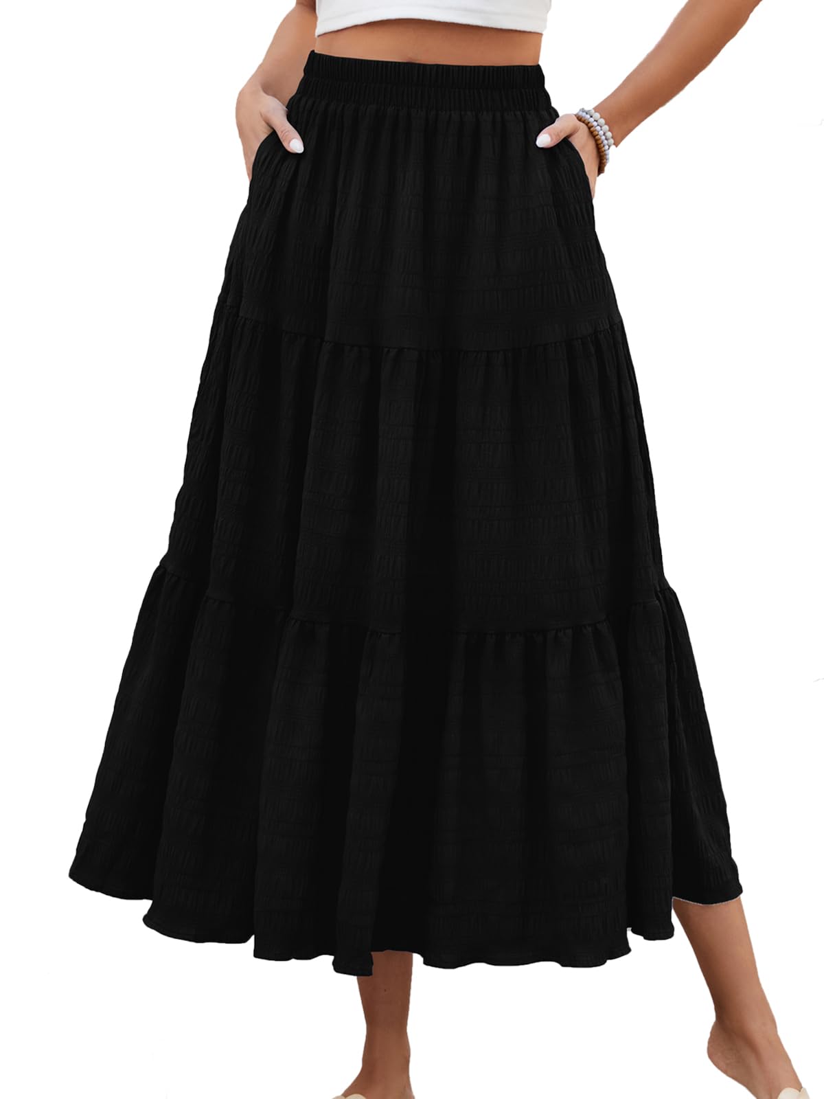 HUSKARY Women's Summer Casual Elegant Smock Layered Tiered Maxi Skirt High Waisted A Line Flowy Long Skirts with Pockets